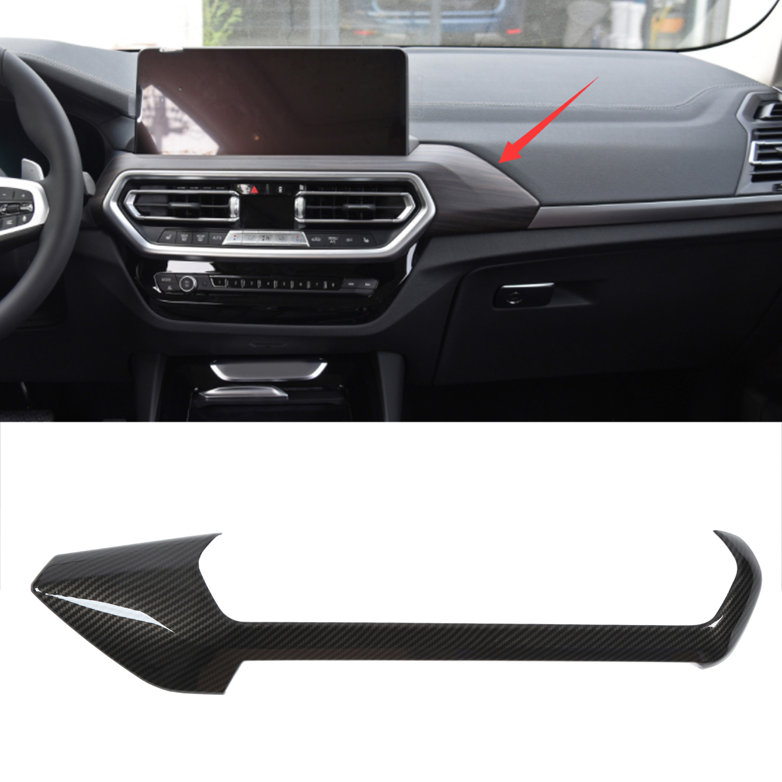 Fahrzeugmodifikation Für Bmw X3 G01 2022: Carbonfaser-textur Auf Der Äußeren Zierleiste Der Lüftungsdüsen Der Mittelkonsole (linke Seite).