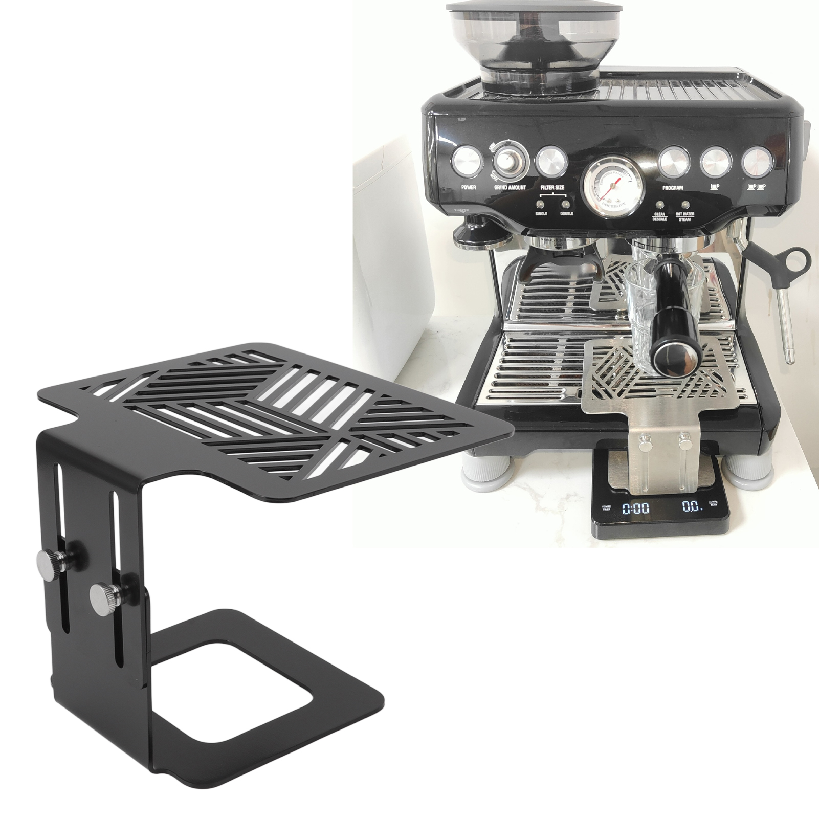 Kaffeewaagenhalterung Modell A, Elektronische Waage Für Espressomaschinen, Verstellbarer Edelstahlrahmen, Schwarz, Geeignet Zum Brühen Und Wiegen.