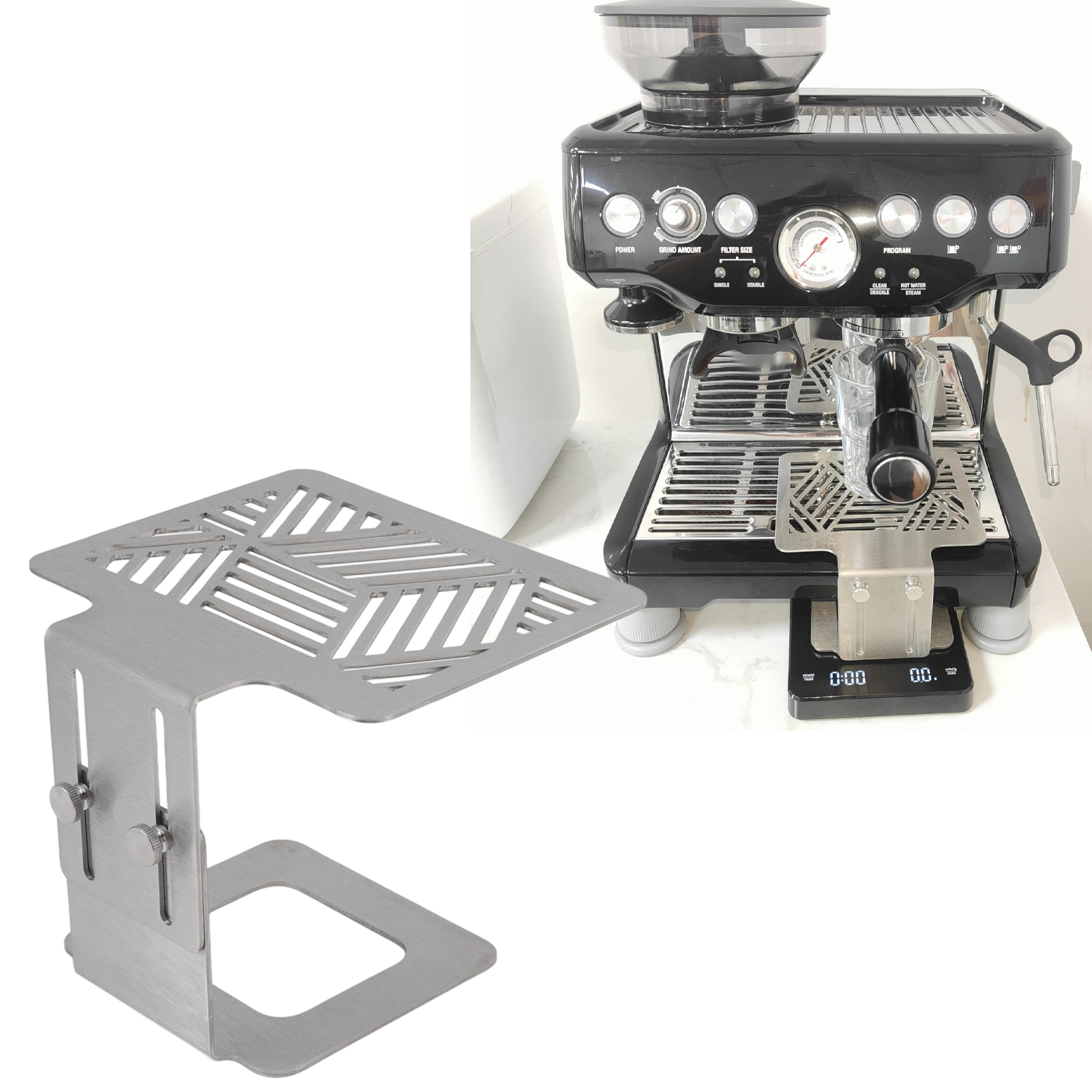 Kaffeewaagenhalterung Modell A, Elektronische Waage Für Espressomaschinen, Verstellbarer Edelstahlrahmen, Geeignet Zum Brühen Und Wiegen, Silberfarben.