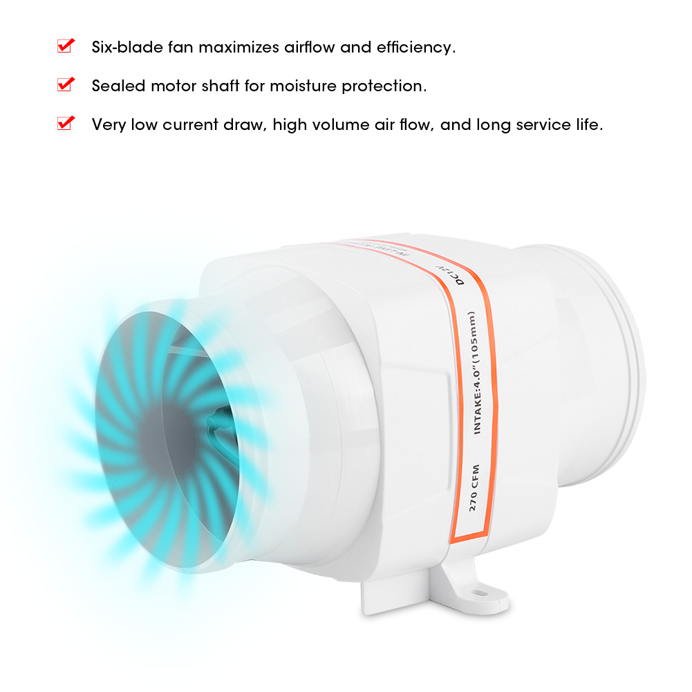 Weißer 4" 12v 270cfm Inline-schiffs-gleichstrom-elektrolüfter
