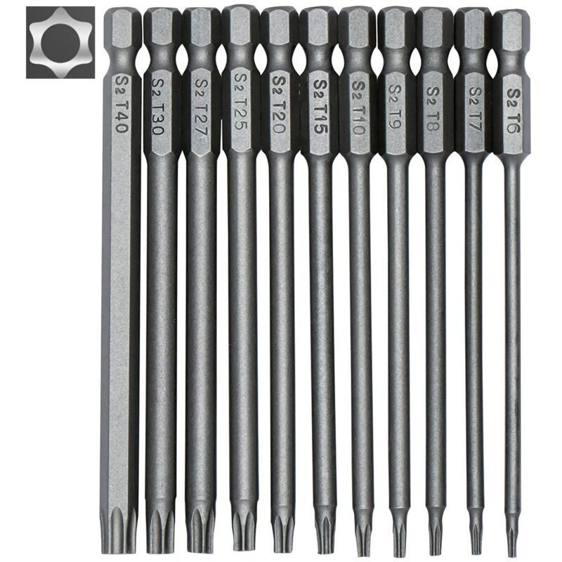 Set Mit 11 Langen Torx-bits, 100 Mm – S2-legierungsstahl – 1/4"-sechskantschaft – Größen T6 Bis T40 – Magnetische Bits Für Enge Stellen