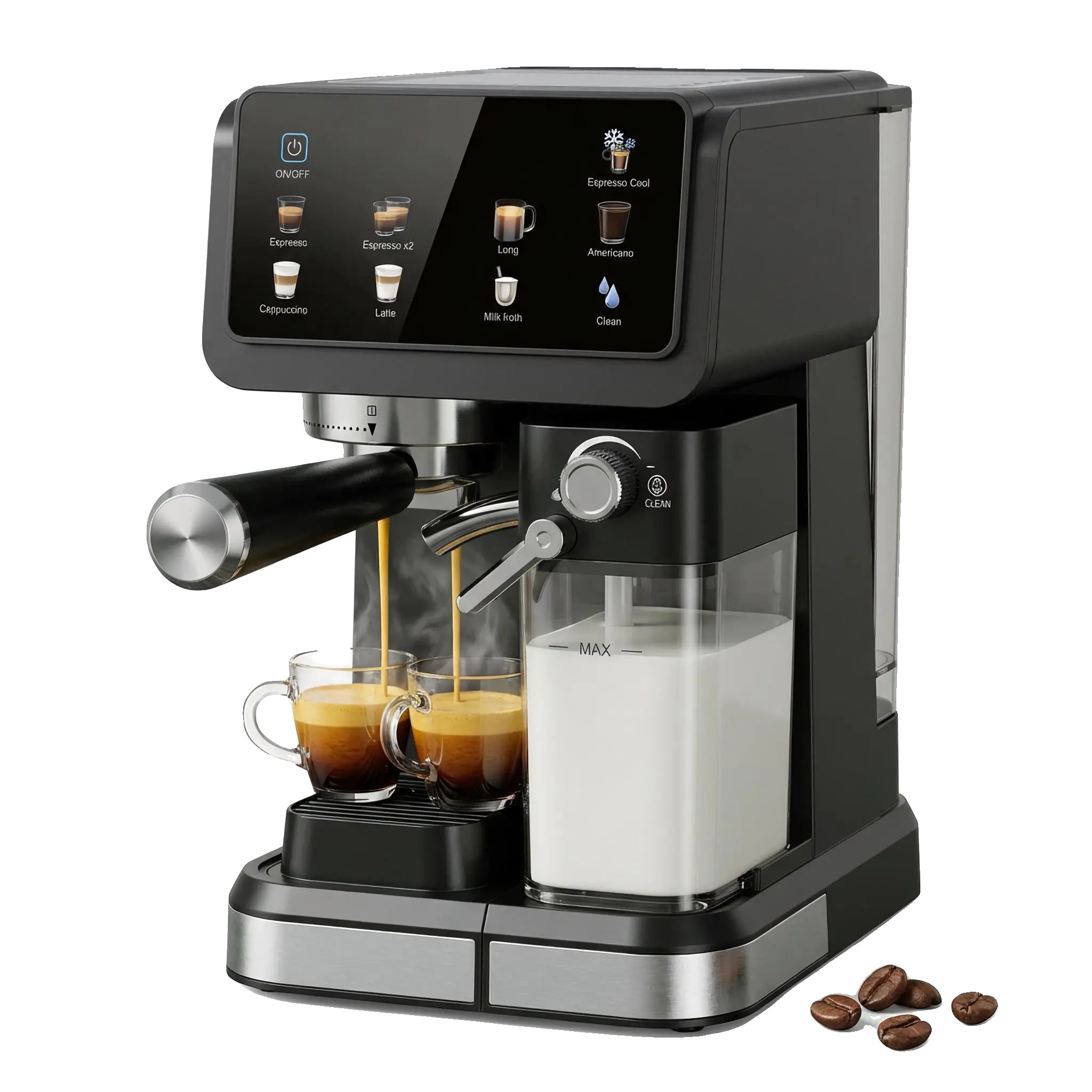 Espressomaschine, 20 Bar Pumpendruck, Edelstahl, 6 Kaffeeprogramme, Automatischer Milchaufschäumer, 1450 Watt