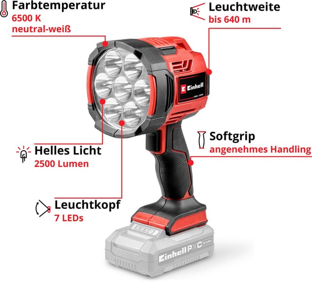 Einhell Akku-Lampe TE-CL 18/2500 Li - Solo Power X-Change (18V, 2500 lm, 6500 K, 640 m Leuchtweite, 7 LEDs, Helligkeitsregulierung, integriertes