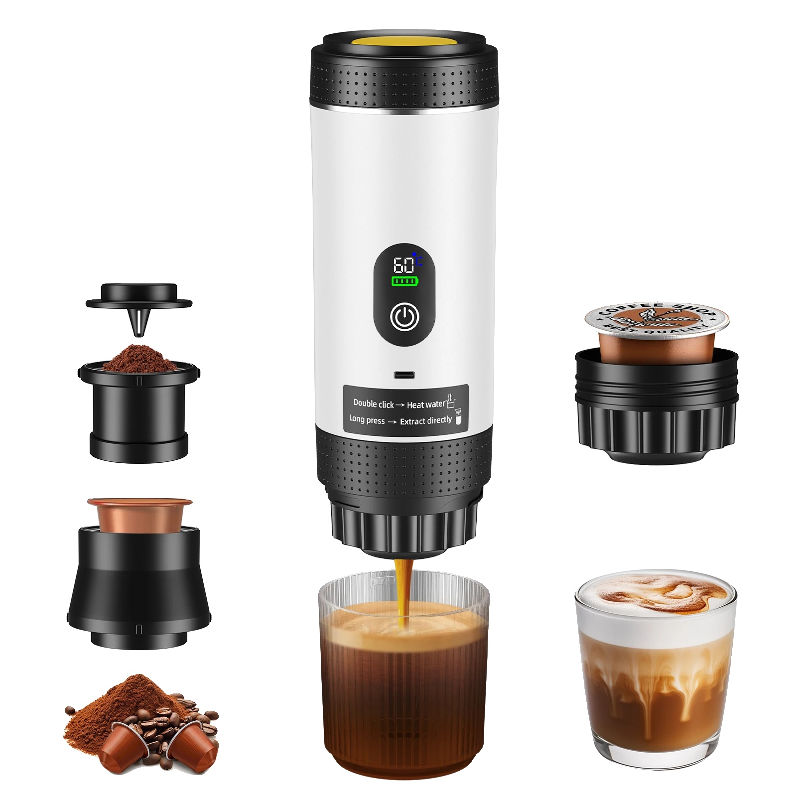 Espressomaschine, Tragbares Design, Kompatibel Mit Kapseln Und Gemahlenem Kaffee, Weiss