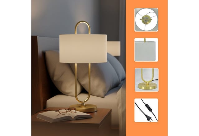 Relaxdays Tischlampe, offene U-Form, Leinenschirm, E27, HD 55x30,5cm, Nachttischlampe mit Kabel, Schlafzimmer, weiß/gold