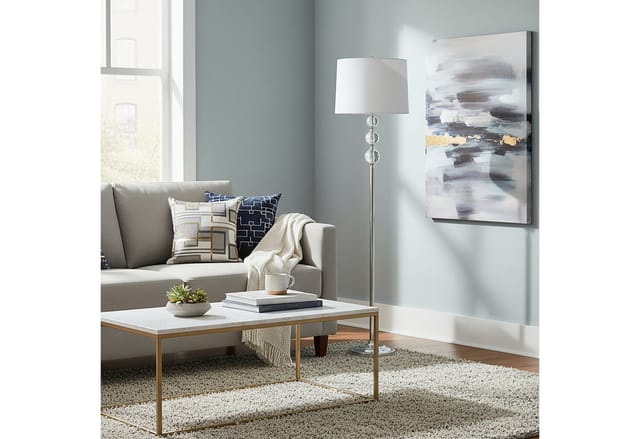 Relaxdays Stehlampe, Stoffschirm, Metall, E27, HxD: 155 x 35,5 cm, Kristall-Design, Standleuchte Wohnzimmer, silber/weiß