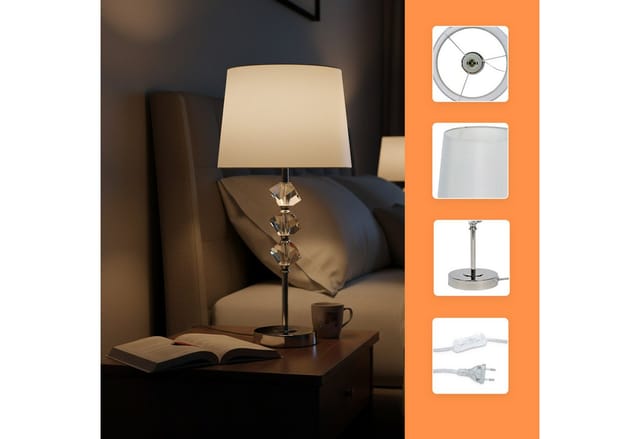 Relaxdays Tischlampe, Seidenschirm, Kristallfuß, E27-Fassung, Wohn- & Schlafzimmer, Tischleuchte, HxD: 53 x 25 cm, creme