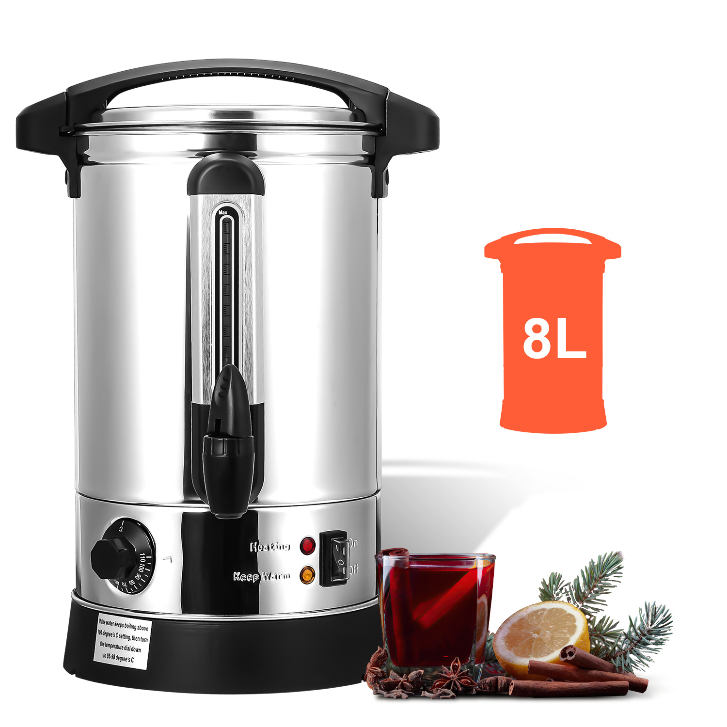 Randaco Dispensador De Bebidas Calientes 10 L, 1500 W, Acero Inoxidable Negro, Termostato 30–95 °c, Grifo Y Visor De Nivel