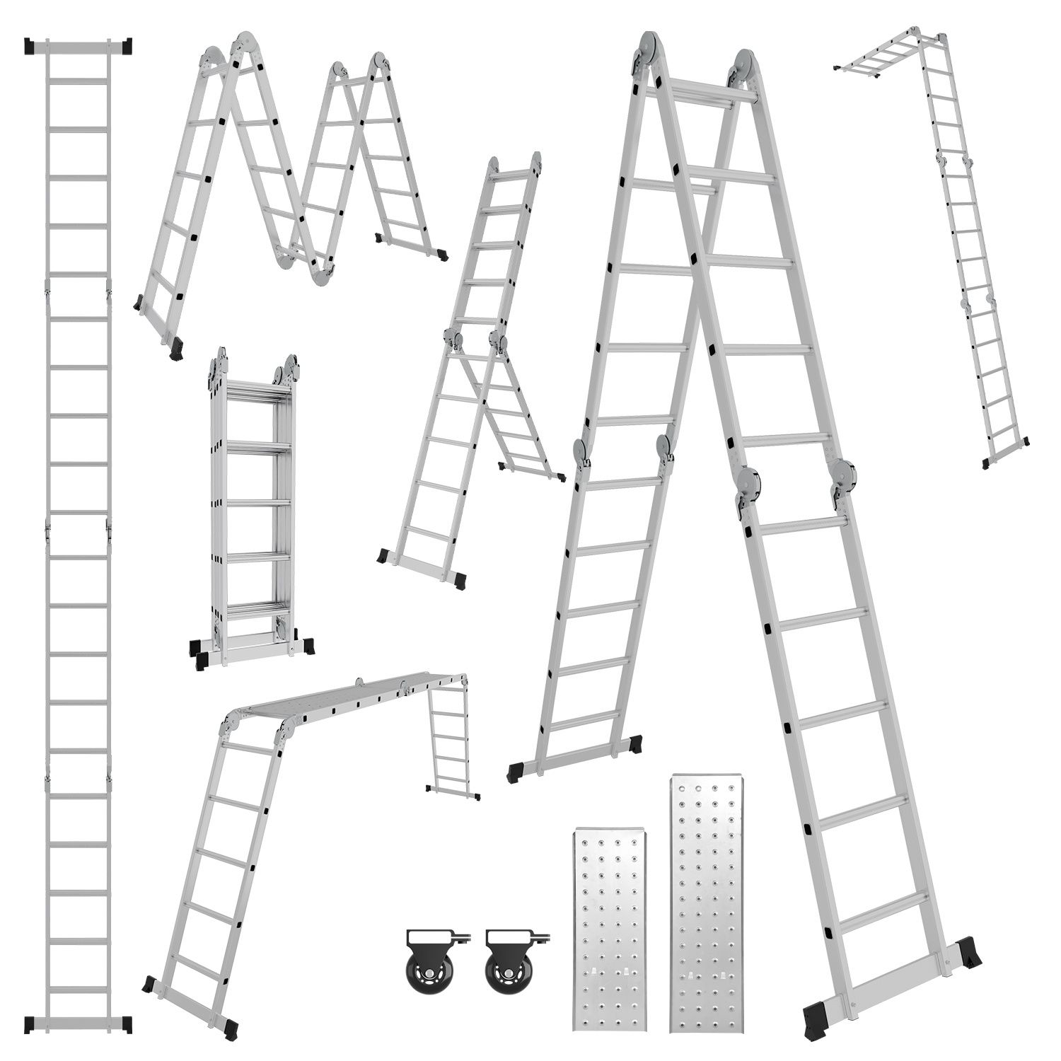 Randaco Aluminium Mehrzweckleiter 7in1 4x5 Stufen, Ca. 580cm / 5.8m, Klappleiter Gelenkleiter Mit Plattformen, Rollen & Anti-rutsch, Max. Belastbarkeit 150 Kg