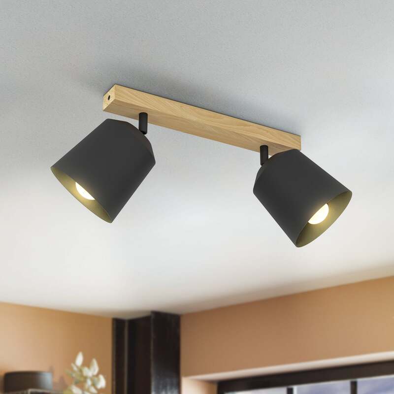[gebraucht] B-ware Eglo Cotorro Deckenstrahler 2-flammig Holz Stahl Dimmbar Bewegliche Schirme