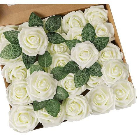 Zolginah Set Mit 25 Realistischen Künstlichen Rosen Mit Stielen Für Brautsträuße, Tischdekorationen, Hochzeitsfeiern, Heimdekoration (elfenbein, 25 Stück)