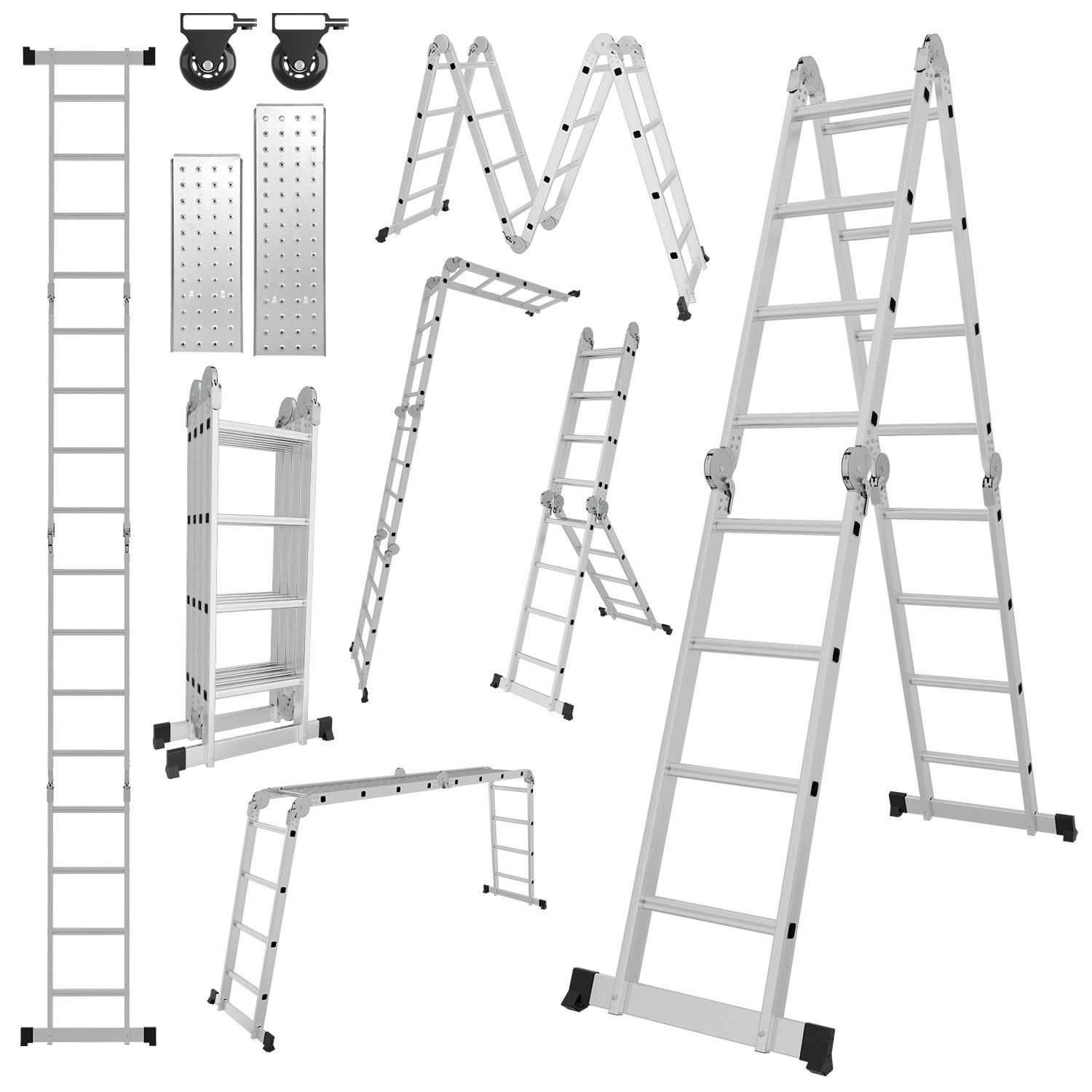 Wolketon Aluminium Mehrzweckleiter 7in1 4x4 Stufen, Ca. 470cm / 4.7m, Klappleiter Gelenkleiter Mit Plattformen, Rollen & Anti-rutsch, Max. Belastbarkeit 150 Kg