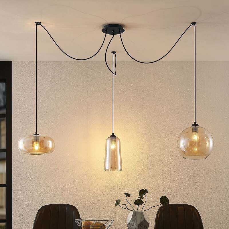 [neuwertig] B-ware Lucande Pendelleuchte Hängeleuchte Zyli Led Dimmbar 3-flammig Schwarz Amber
