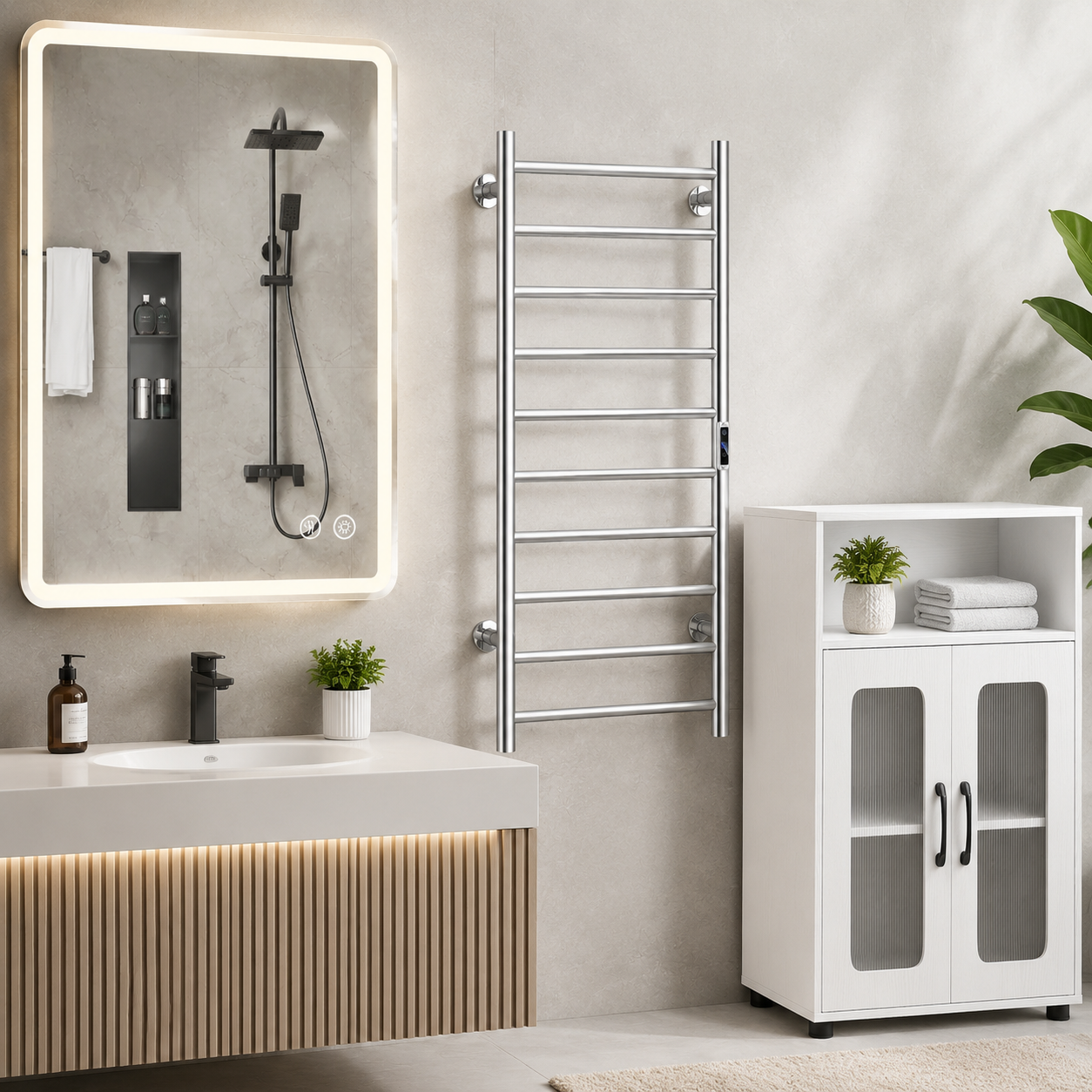 Led-badezimmerspiegel-set (3-teilig) – Beschlagfreier Spiegel, Freistehender Schrank Und Elektrischer Handtuchwärmer