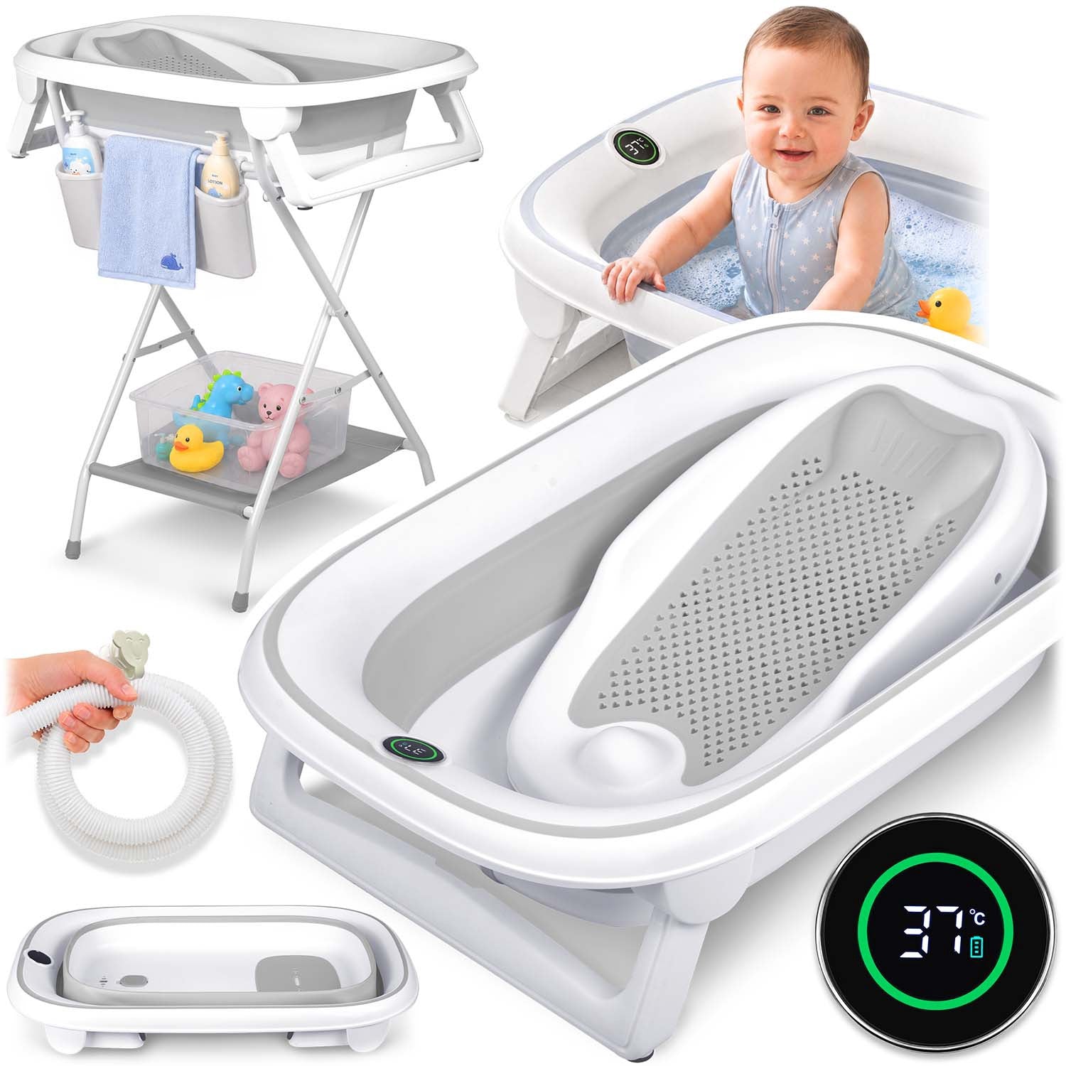 Foldable Baby Bath With Stand, Thermometer, And Insert