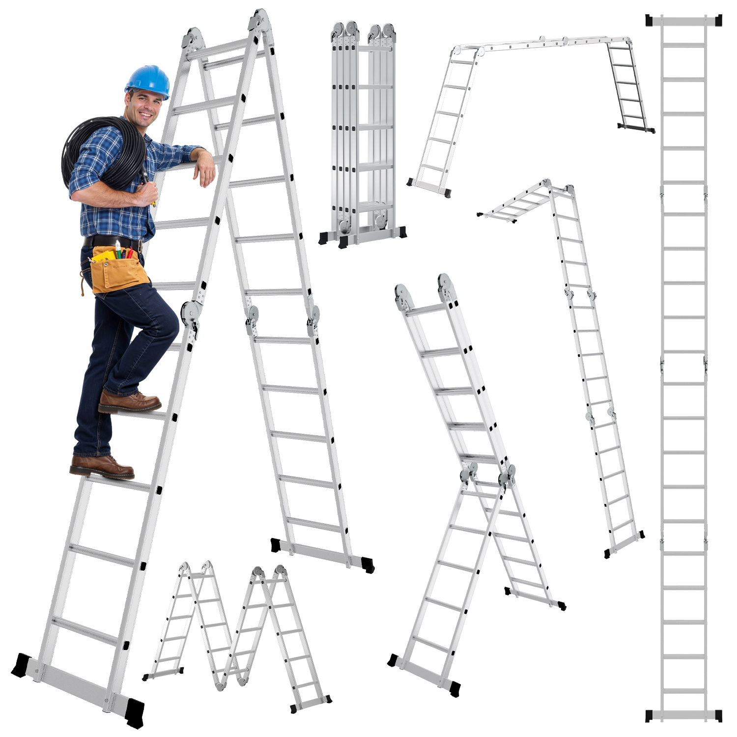 Jiubiaz 7in1 Alu Mehrzweckleiter 4x5 Stufen, Ca. 580cm / 5.8m, Klappleiter Gelenkleiter Mit Anti-rutsch-füßen, Haushaltsleiter, Max. Belastbarkeit 150 Kg