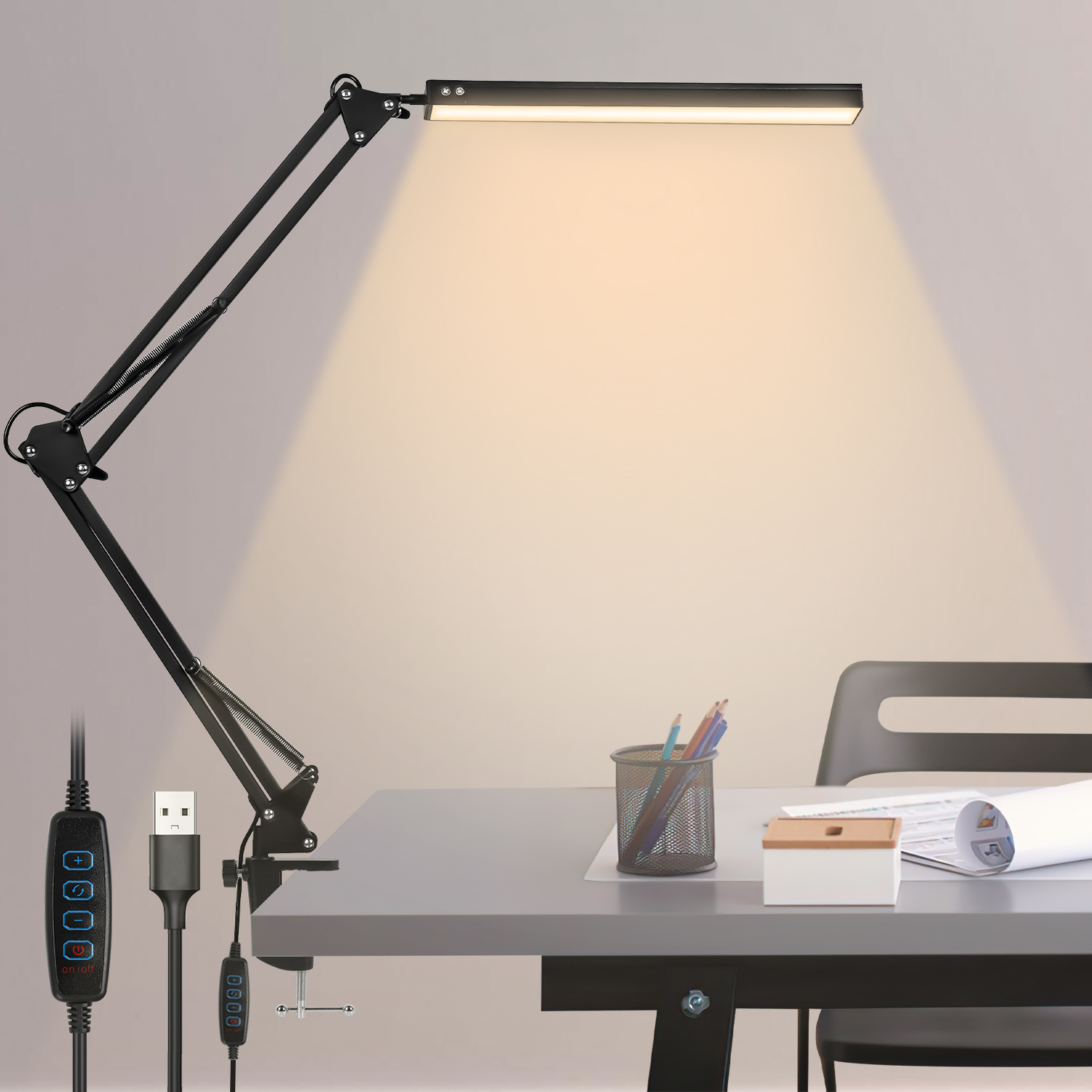 Jiubiaz Led-schreibtischlampe Mit Klemme 10 W, 80 Leds, 3 Farbtemperaturen, 10 Helligkeitsstufen, Verstellbarer Metallarm, Usb, Schwarz
