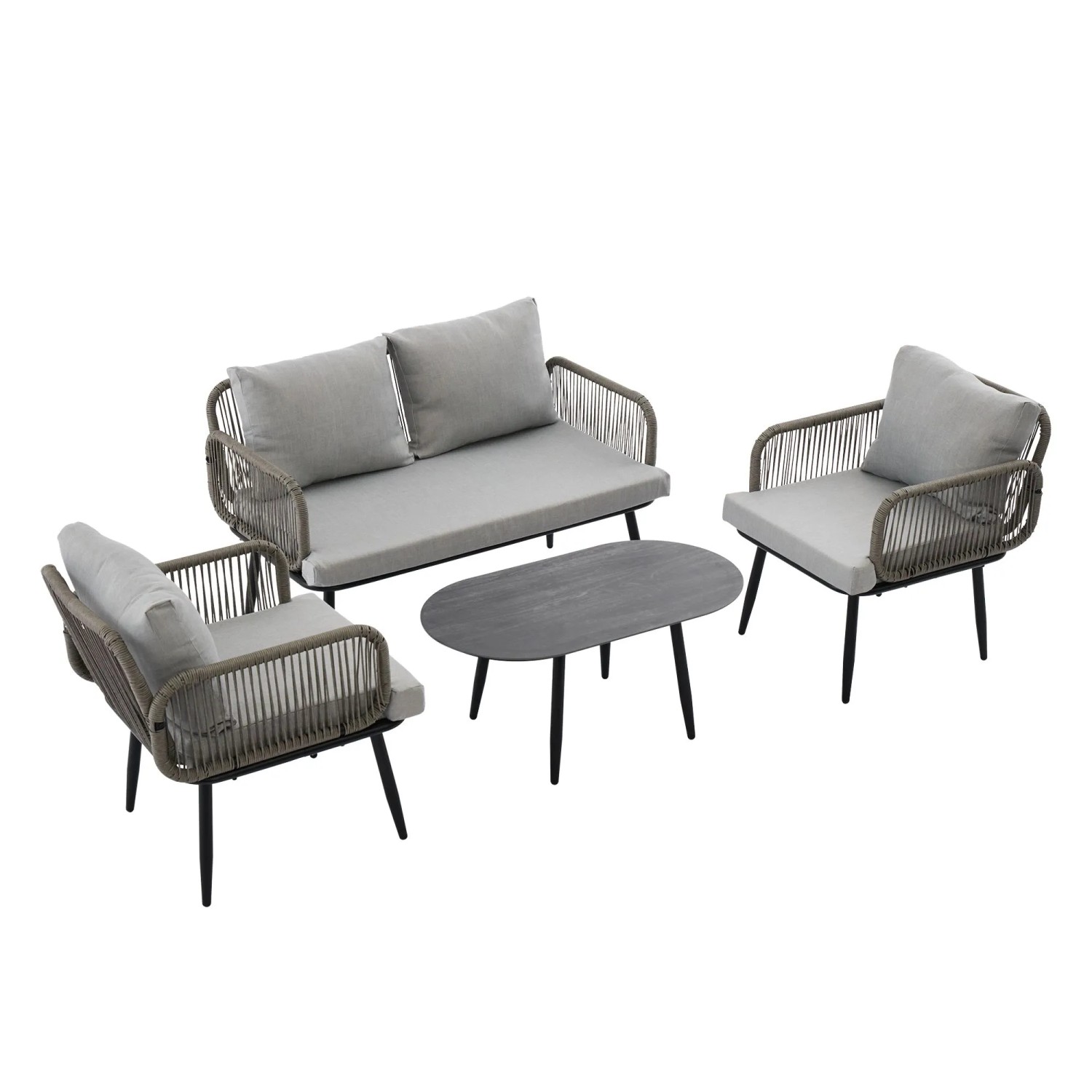 okwish Garten-Loungestuhl-Set Gartenmöbel-Set mit Handgeflochtenes Seil und Glasplatte Grau
