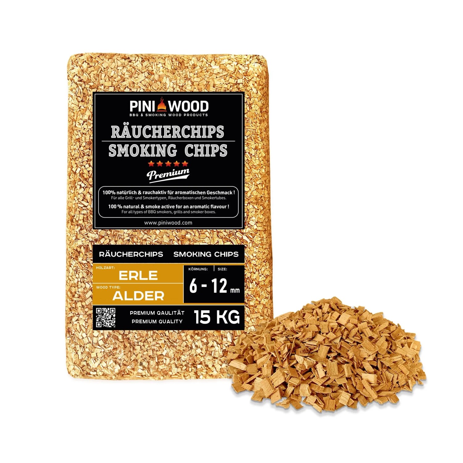 PINI Räucherchips 15 kg Erle ohne Rinde 6-12 mm Smoking Chips Räucherspäne