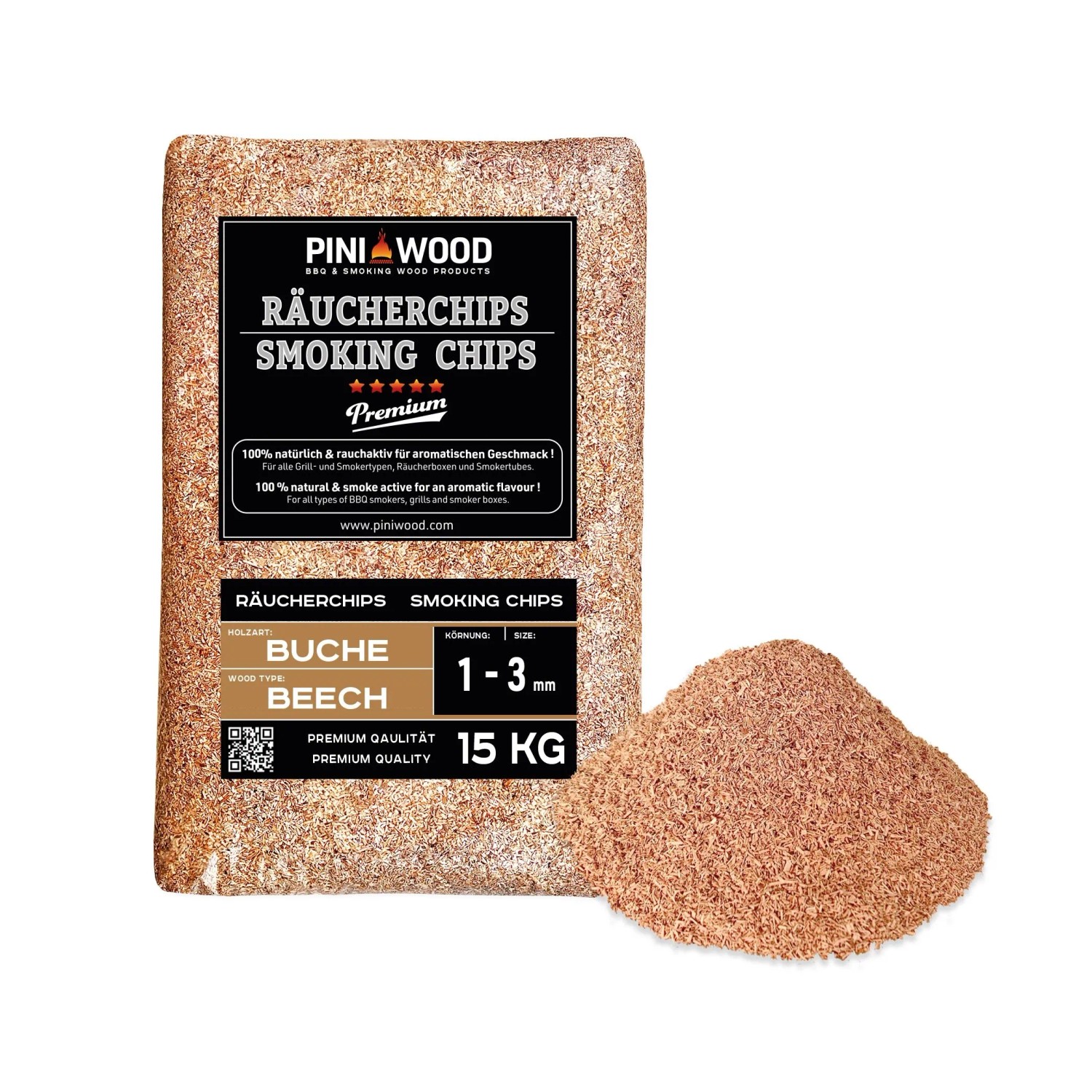 PINI Räucherchips 15 kg Buche 1-3 mm Smoking Chips Räucherspäne
