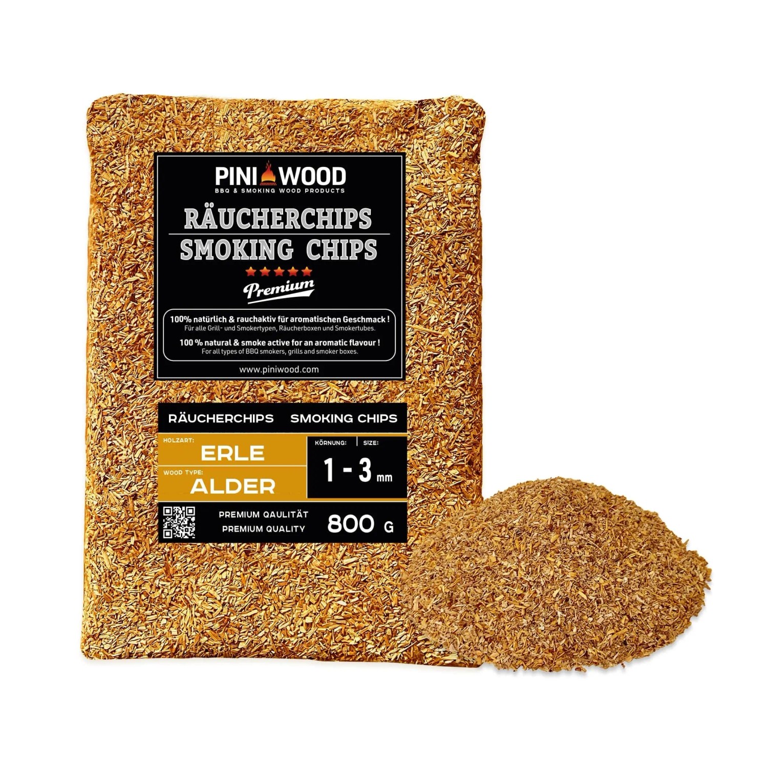 PINI Räucherchips 800 g Erle ohne Rinde 1-3 mm Smoking Chips Räucherspäne