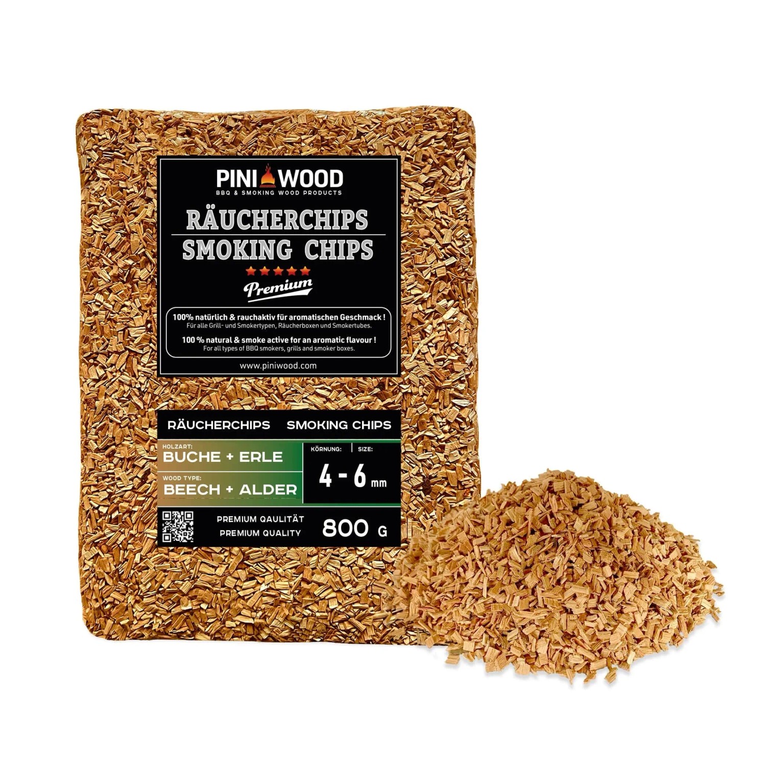 PINI Räucherchips 800 g Buche und Erle Gemischt 4-6 mm Smoking Chips Räucherspäne