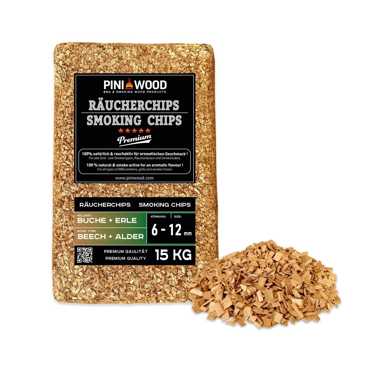PINI Räucherchips 15 kg Buche und Erle Gemischt 6-12 mm Smoking Chips Räucherspäne