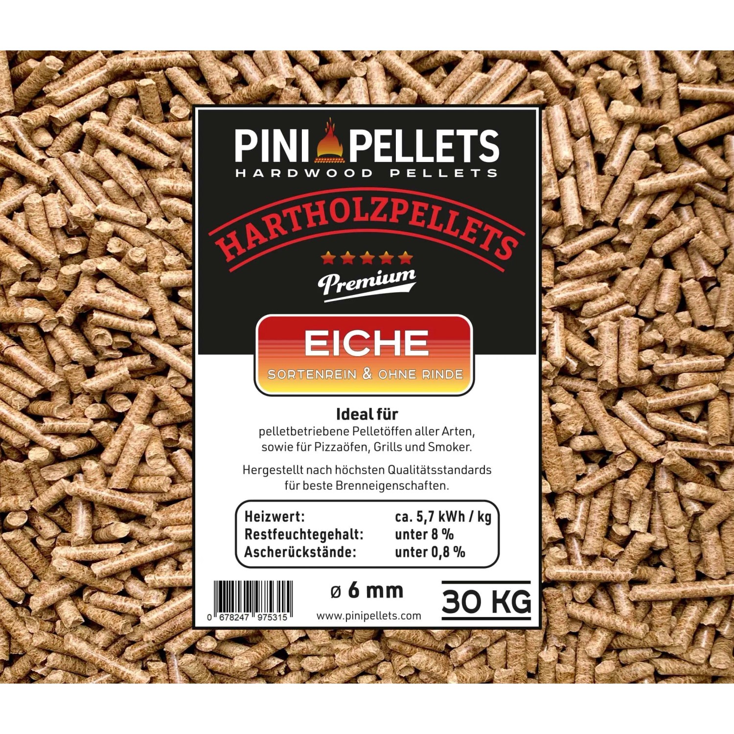 PINI Hartholz Pellets 6 mm 30 kg zum Heizen Grillen Räuchern Smoken