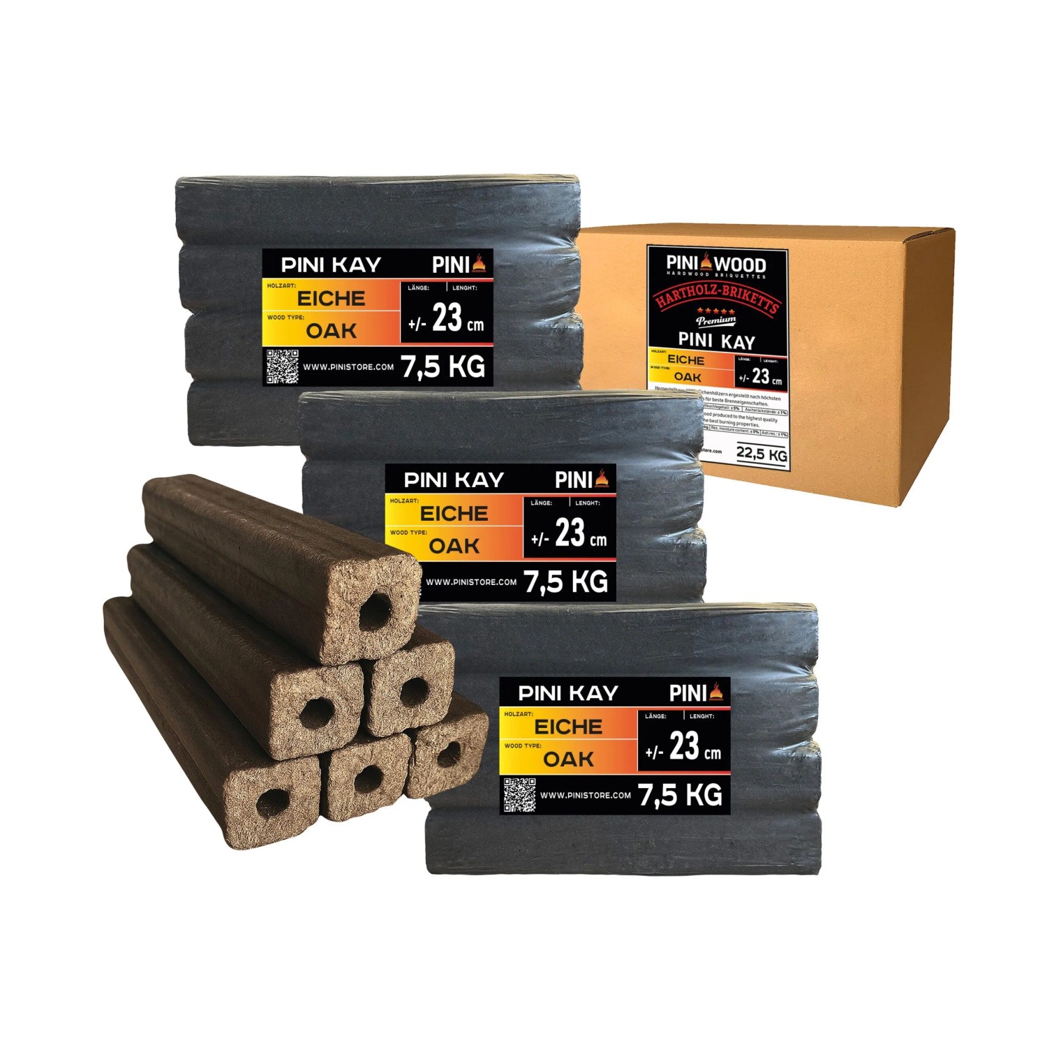 PINI Kay 22,5 kg Eichenholzbriketts 23 cm Lang Viereckig mit Zugloch Hartholzbriketts Brennholz Holzbriketts Eiche Kamin Ofen Feuerstelle Grill