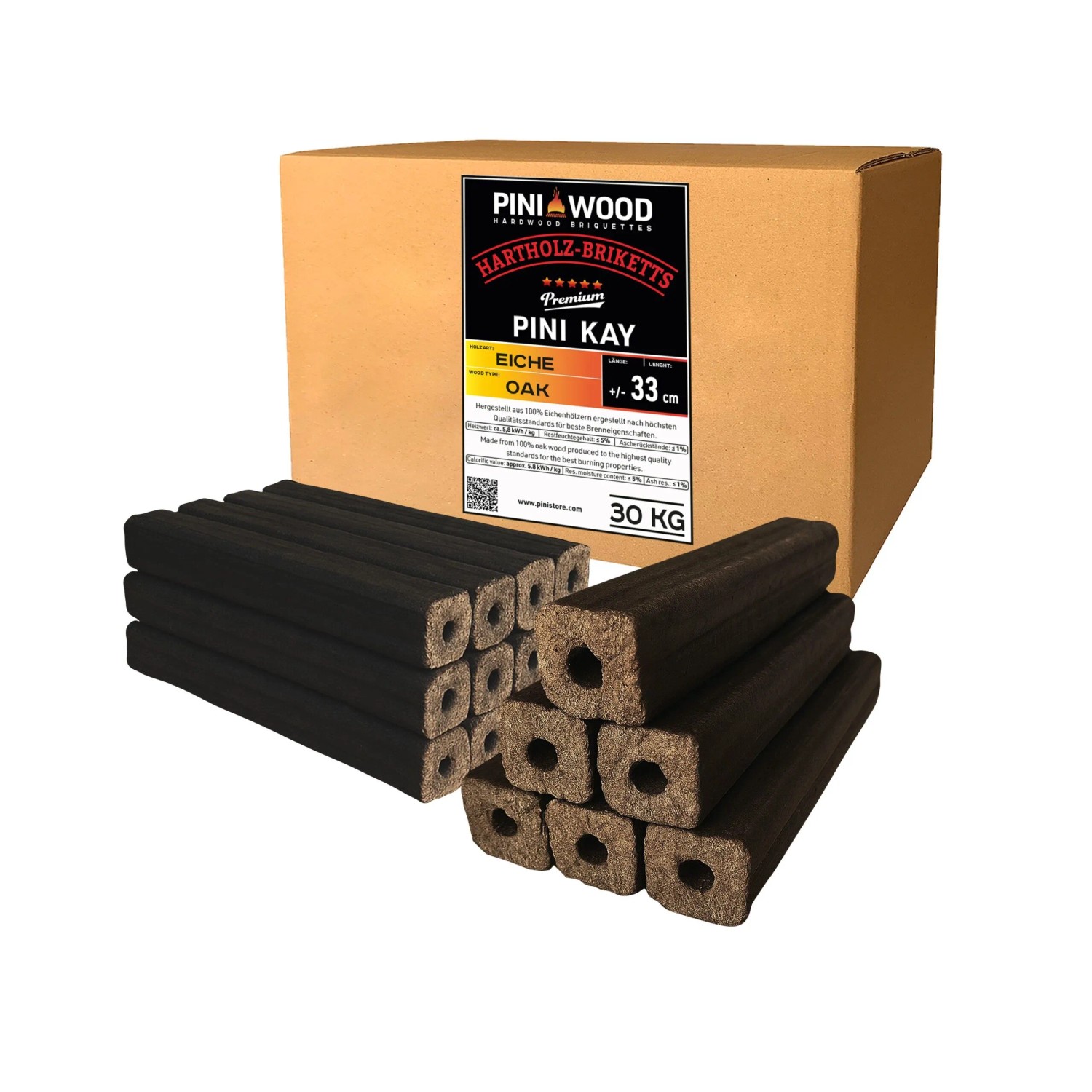 PINI Kay 30 kg Eichenholzbriketts 33 cm Lang Viereckig mit Zugloch Hartholzbriketts Brennholz Holzbriketts Eiche Kamin Ofen Feuerstelle Grill
