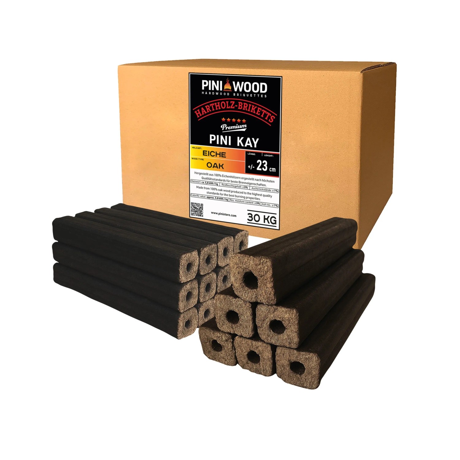 PINI Kay 30 kg Eichenholzbriketts 23 cm Lang Viereckig mit Zugloch Hartholzbriketts Brennholz Holzbriketts Eiche Kamin Ofen Feuerstelle Grill