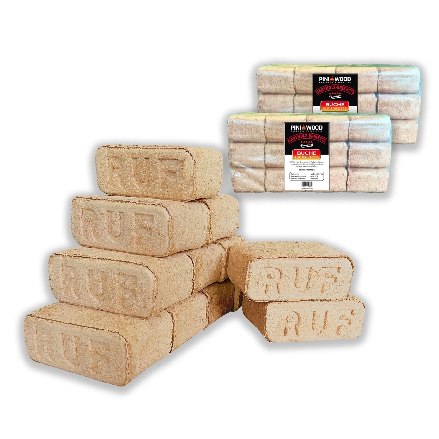 PINI Holzbriketts 20 kg RUF 100% Buche Hartholzbriketts Kamin Ofen Grill Feuerstelle Brennholz