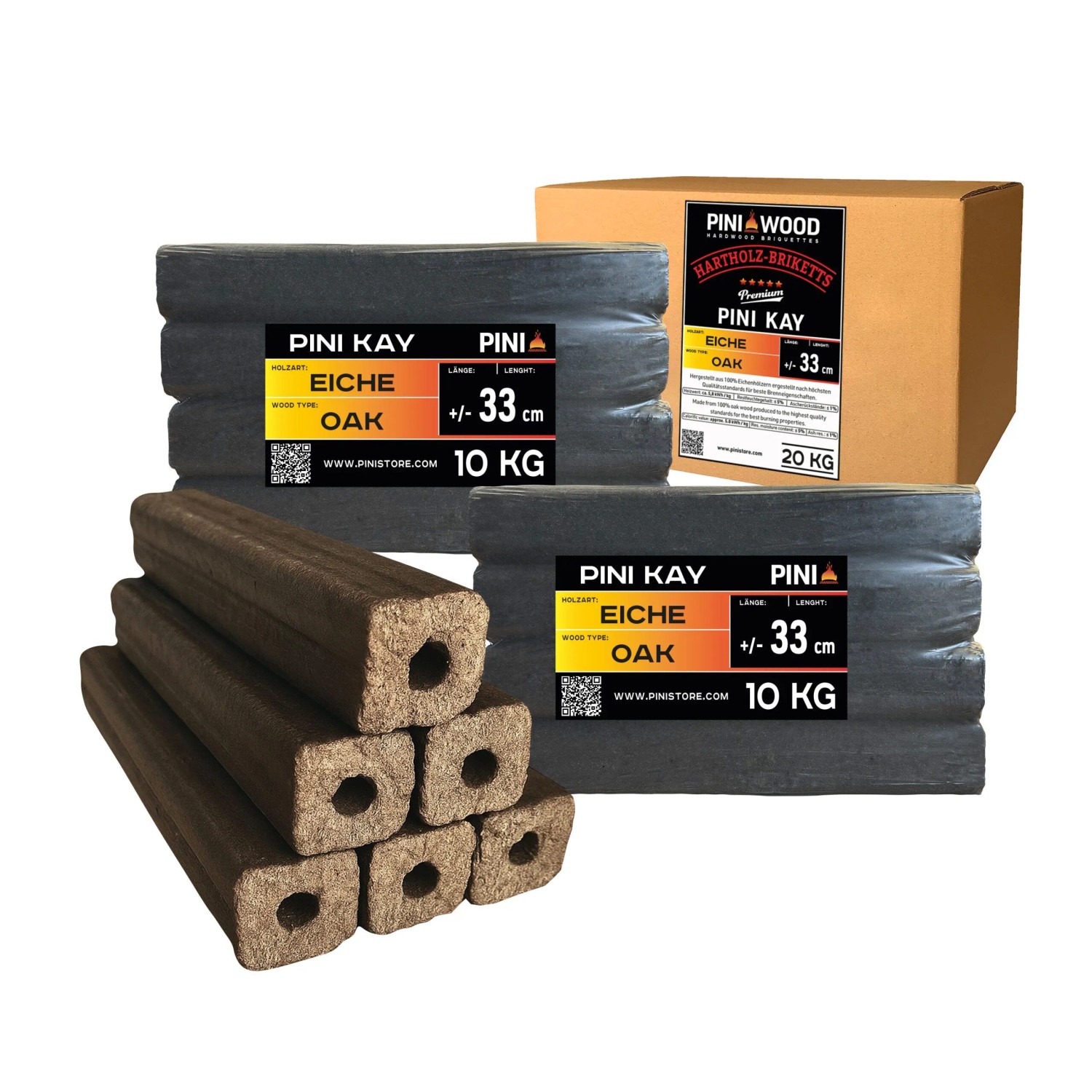PINI Kay 20 kg Eichenholzbriketts 33 cm Lang Viereckig mit Zugloch Hartholzbriketts Brennholz Holzbriketts Eiche Kamin Ofen Feuerstelle Grill