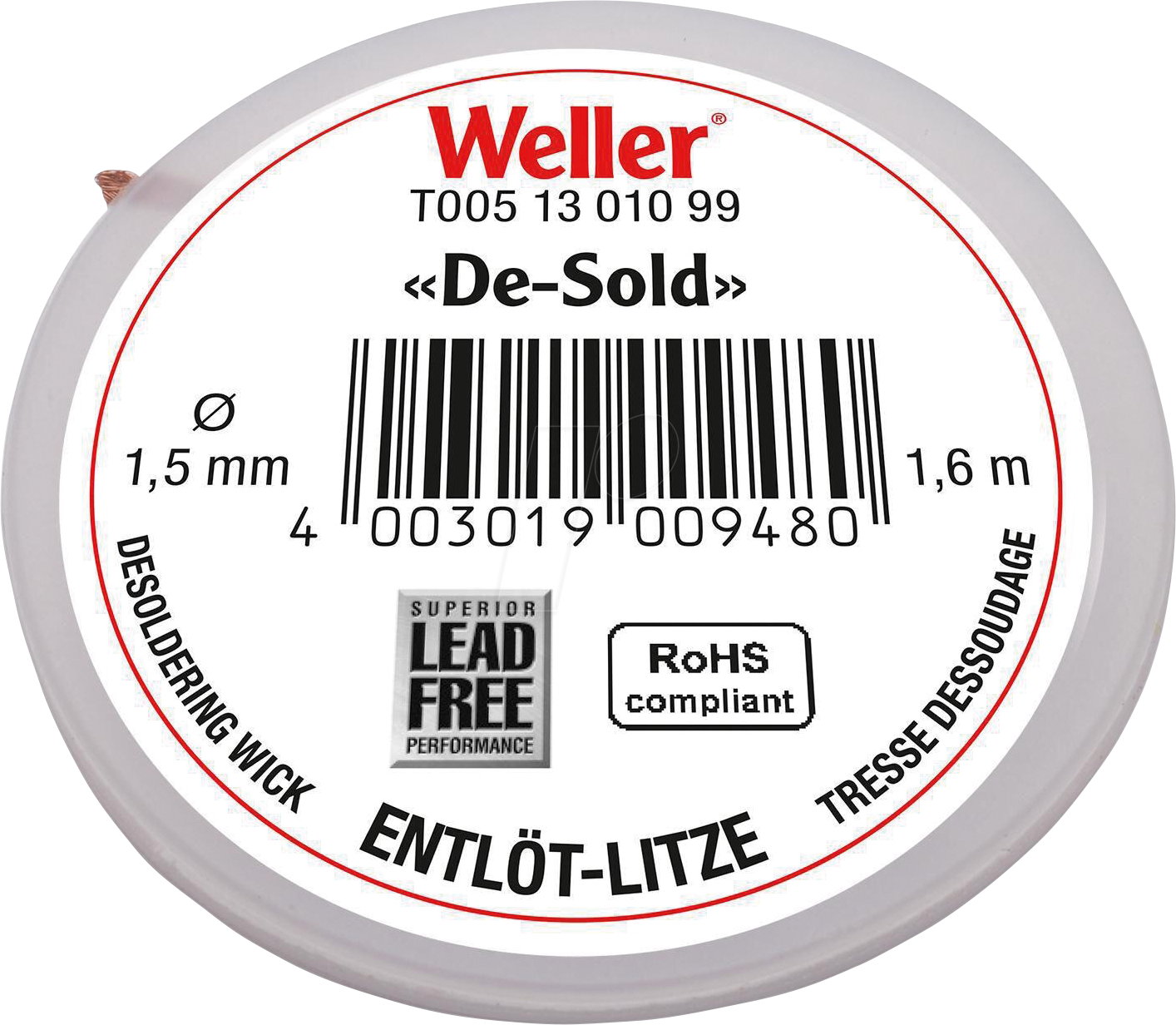 WE T0051301099 - Entlötlitze, Kupfer, 1,6 m x 1,5 mm