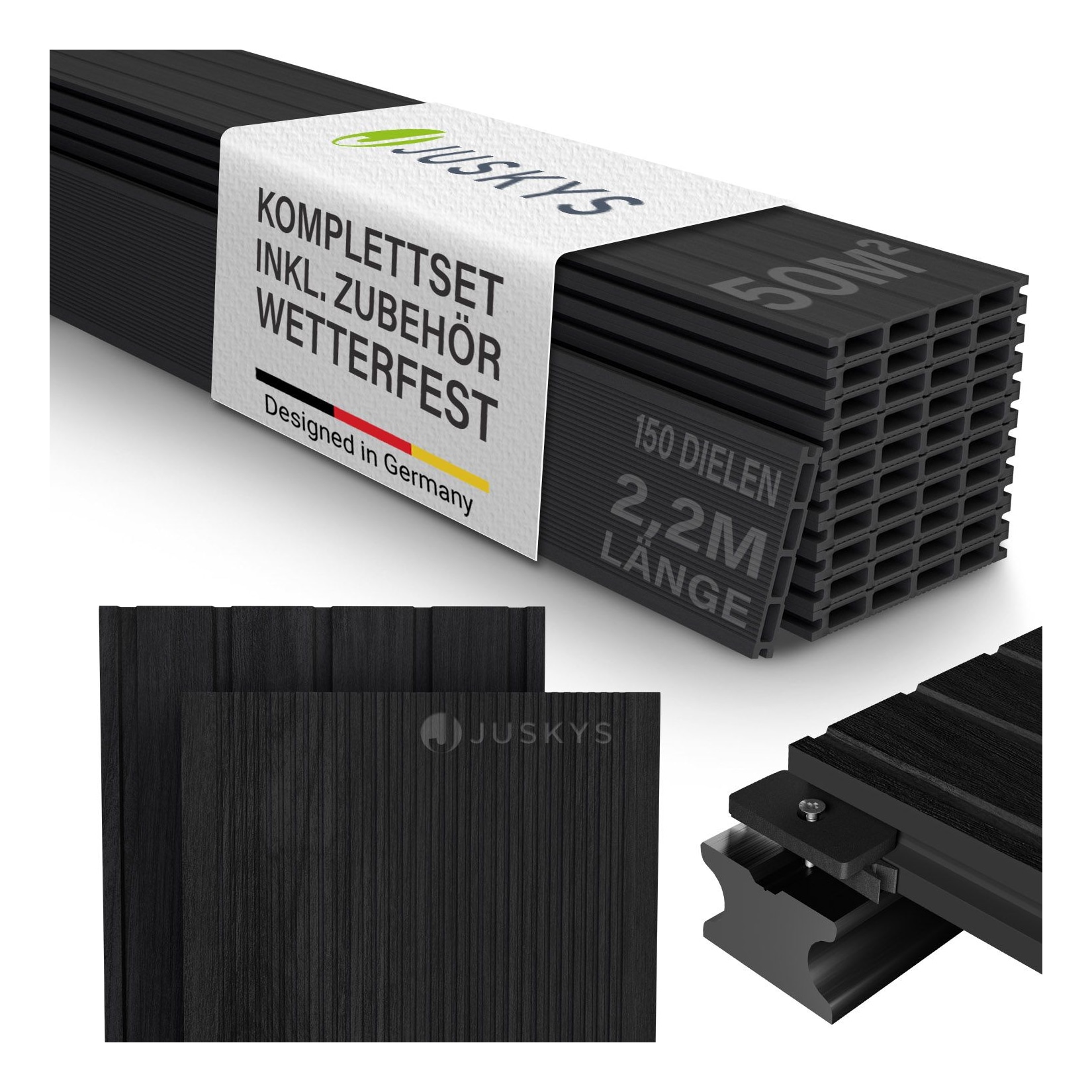 Juskys WPC Terrassendielen 50 m² – 220 cm Dielen, wetterfest inkl. Unterkonstruktion – Anthrazit