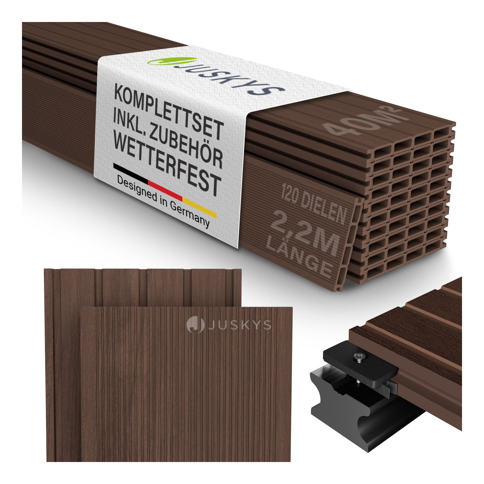Juskys WPC Terrassendielen 40 m² – 220 cm Dielen, wetterfest inkl. Unterkonstruktion – Braun