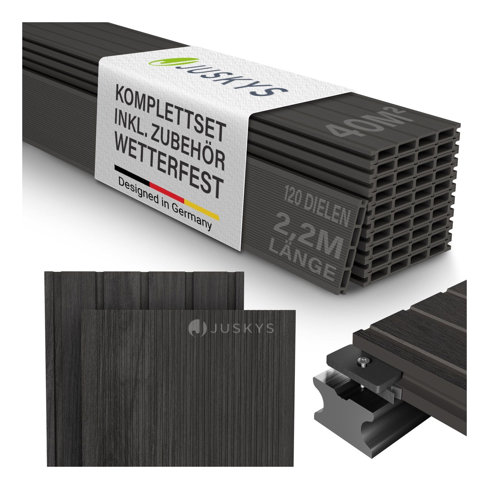 Juskys WPC Terrassendielen 40 m² – 220 cm Dielen, wetterfest inkl. Unterkonstruktion – Grau