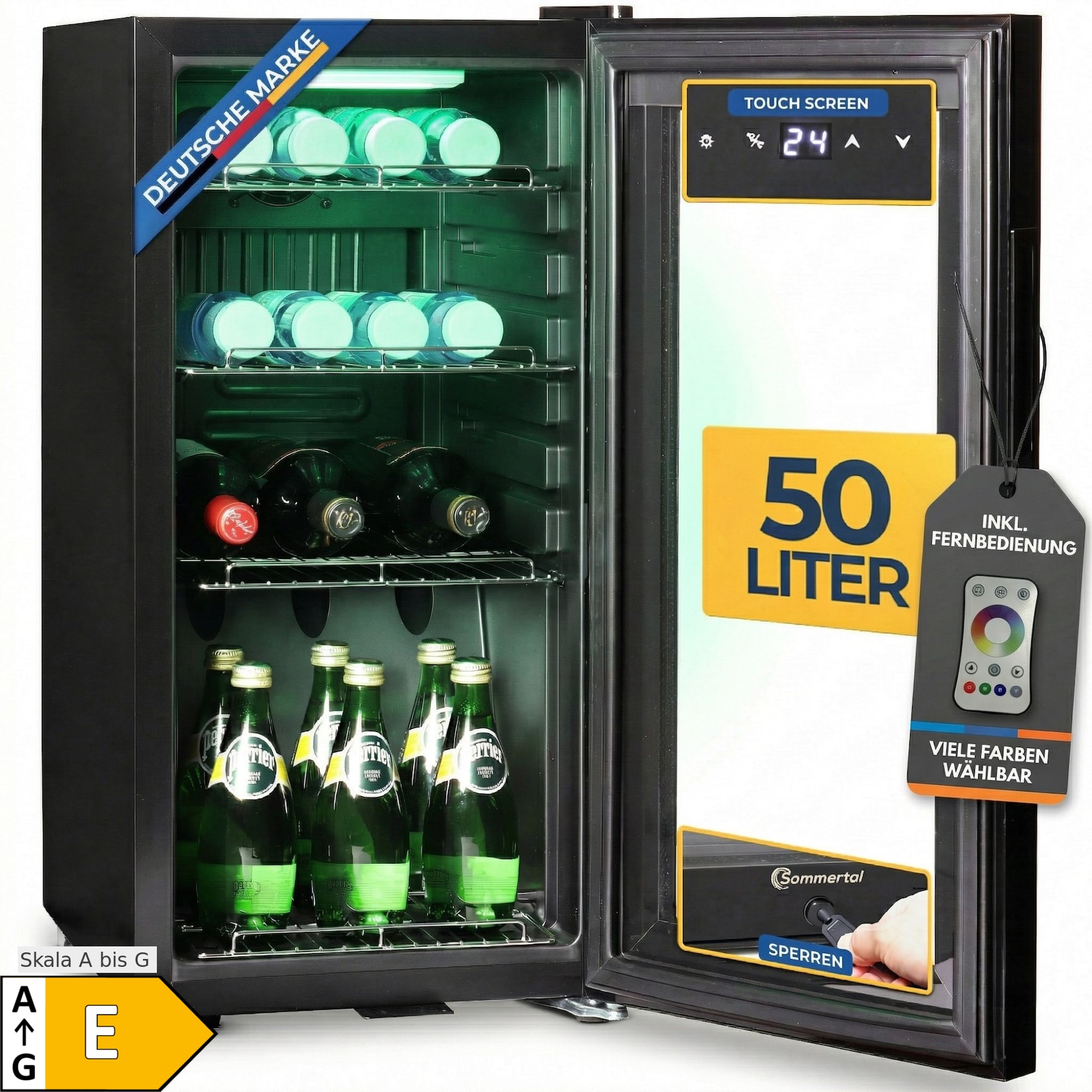 Sommertal Kühlschrank GK 50– Leiser Getränkekühlschrank ohne Gefrierfach mit RGB LED, Touchscreen & Schloss kleiner Flaschenkühlschrank schwarz 50L