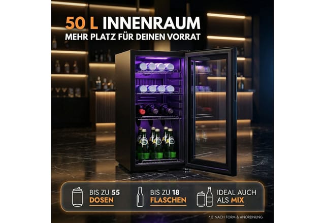 Sommertal Kühlschrank GK 50– Leiser Getränkekühlschrank ohne Gefrierfach mit RGB LED, Touchscreen & Schloss kleiner Flaschenkühlschrank schwarz 50L