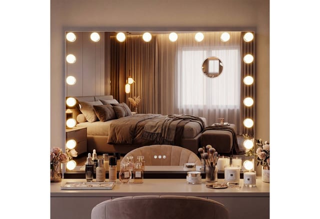 CLP Schminkspiegel mit Beleuchtung 80x60 cm Norlina, Kosmetikspiegel Licht dimmbar 3 Modi und USB, Hollywoodspiegel Wandmontage und freistehend