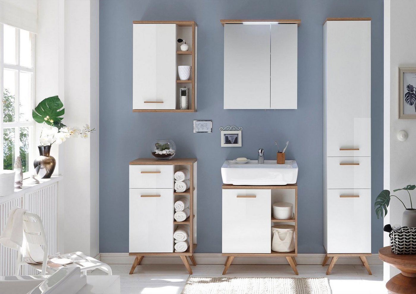 Saphir Hängeschrank Quickset Badschrank 50,5 cm breit mit 1 Tür und 2 Glas-Einlegeböden Badezimmer-Hängeschrank inkl. Türdämpfer, Holzgriffe