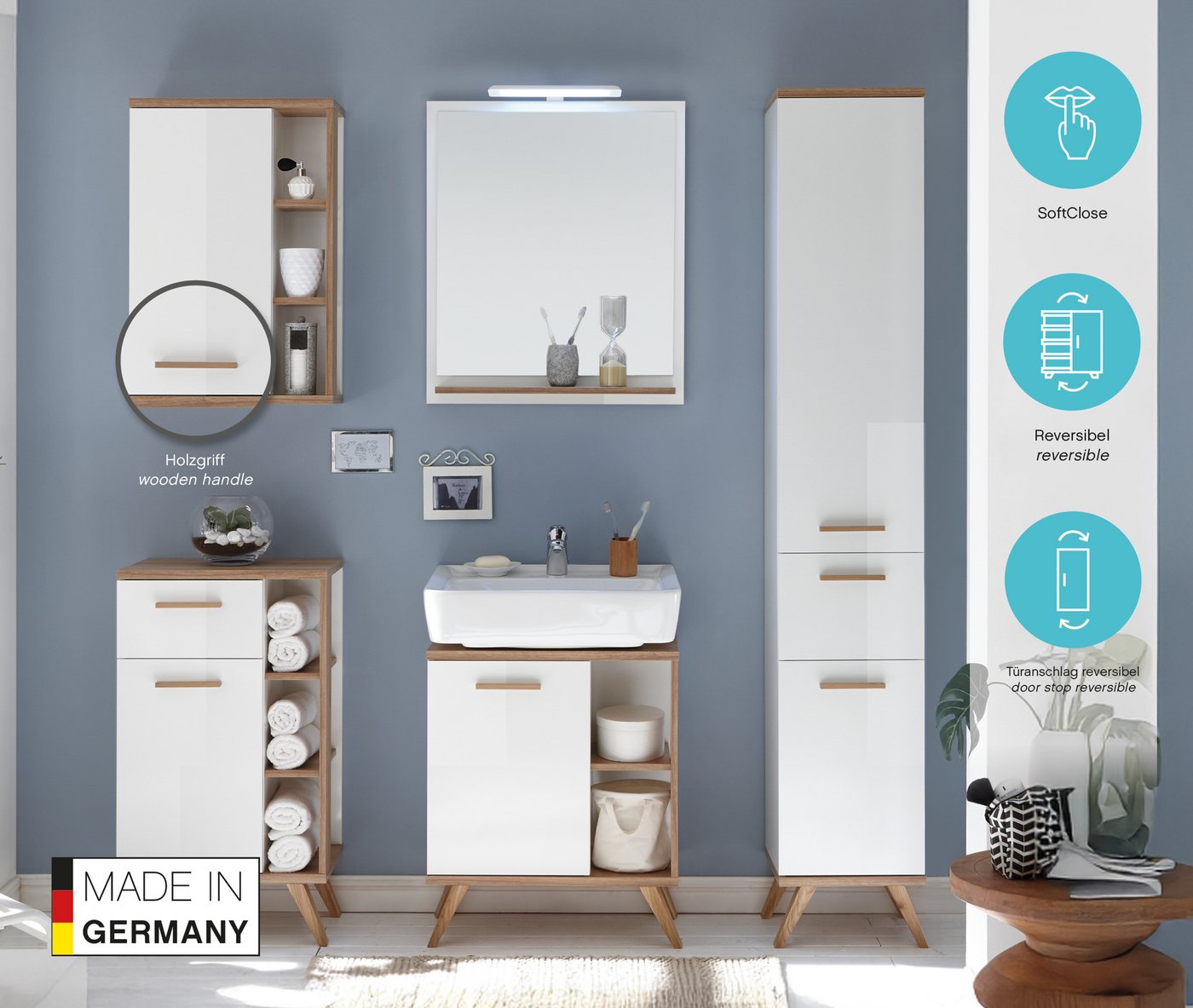 Saphir Hängeschrank Quickset Badschrank 50,5 cm breit mit 1 Tür und 2 Glas-Einlegeböden Badezimmer-Hängeschrank inkl. Türdämpfer, Holzgriffe Bild 4