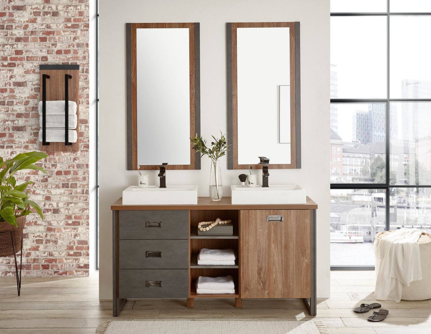 Home affaire Waschtisch Detroit, Unterschrank mit Apothekergriff, Badschrank, Industrialdesign