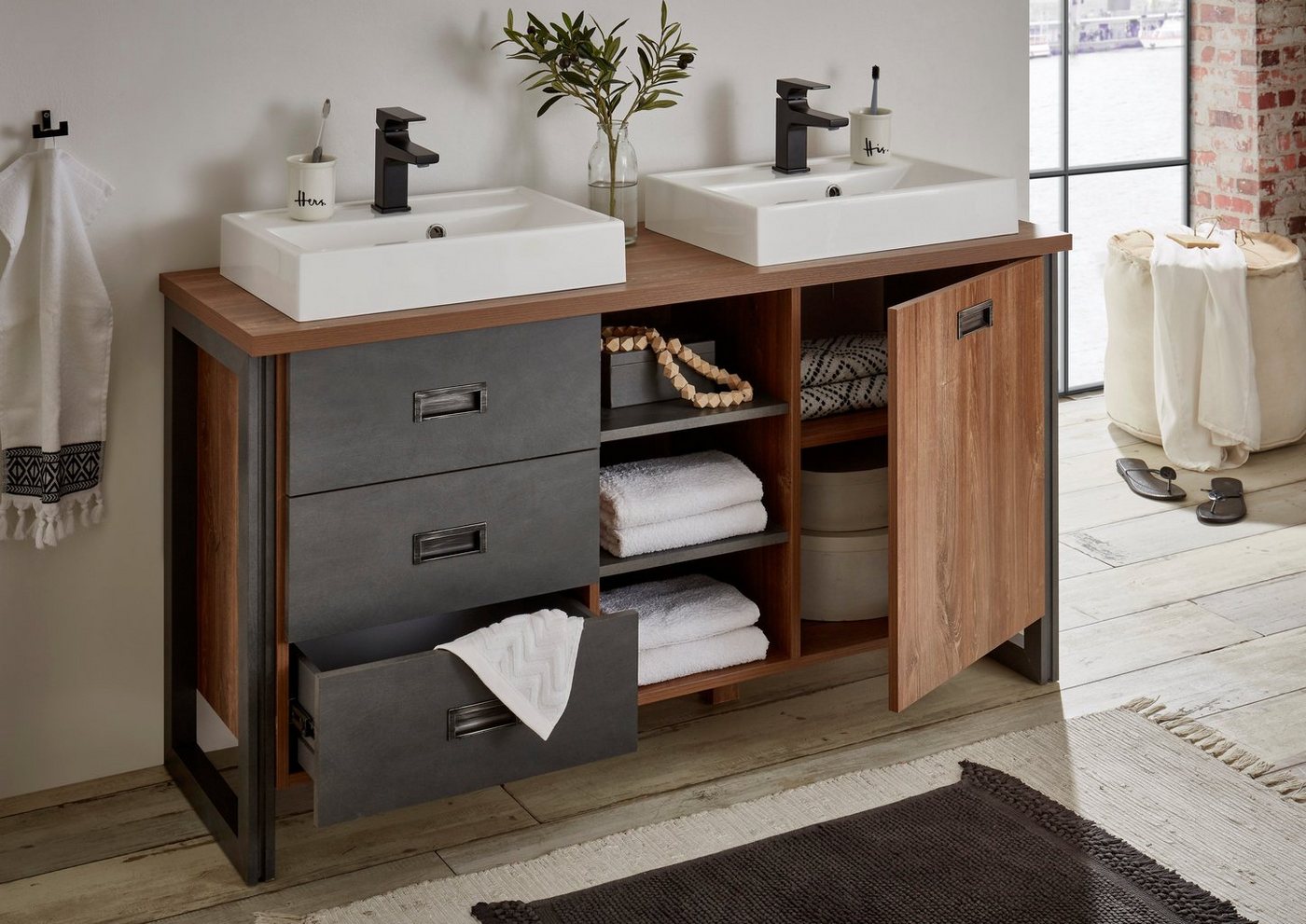 Home affaire Waschtisch Detroit, Unterschrank mit Apothekergriff, Badschrank, Industrialdesign Bild 2