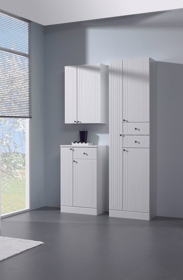 Saphir Hängeschrank Quickset 955 Wand-Badschrank 50 cm breit mit 2 Türen, 2 Einlegeböden Badezimmer-Hängeschrank, Weiß Hochglanz, Griffe in Chrom Glanz Bild 3