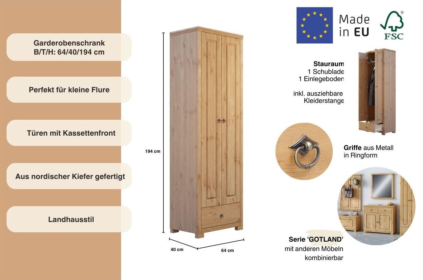 OTTO home Garderobenschrank Gotland, Drehtürenschrank, Garderobe aus massiver Kiefer, FSC®-zertifiziert, Höhe 193 cm Bild 3