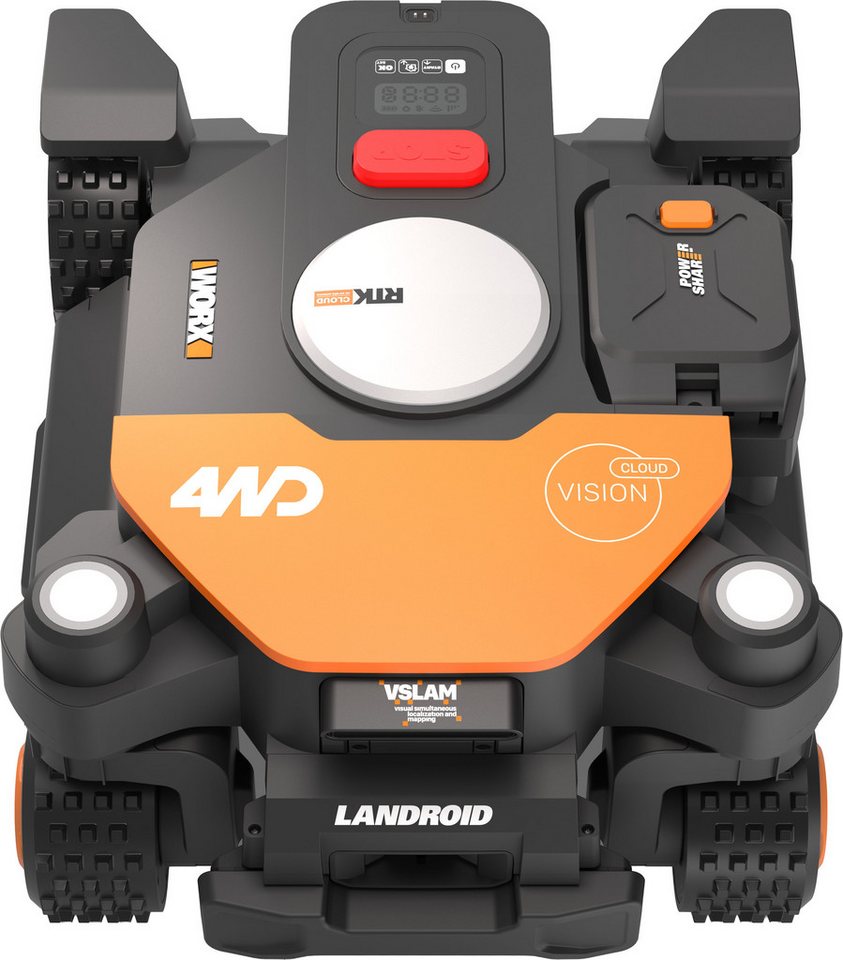 Worx Rasenmähroboter Landroid Vision Cloud WR341E 4WD ohne Begrenzungskabel, Auto-Mapping, bis 1000 m² Rasenfläche, (KI-Hinderniserkennung, VSLAM+ RTK Cloud Navigation, 84 % Steigung), App-Steuerung
