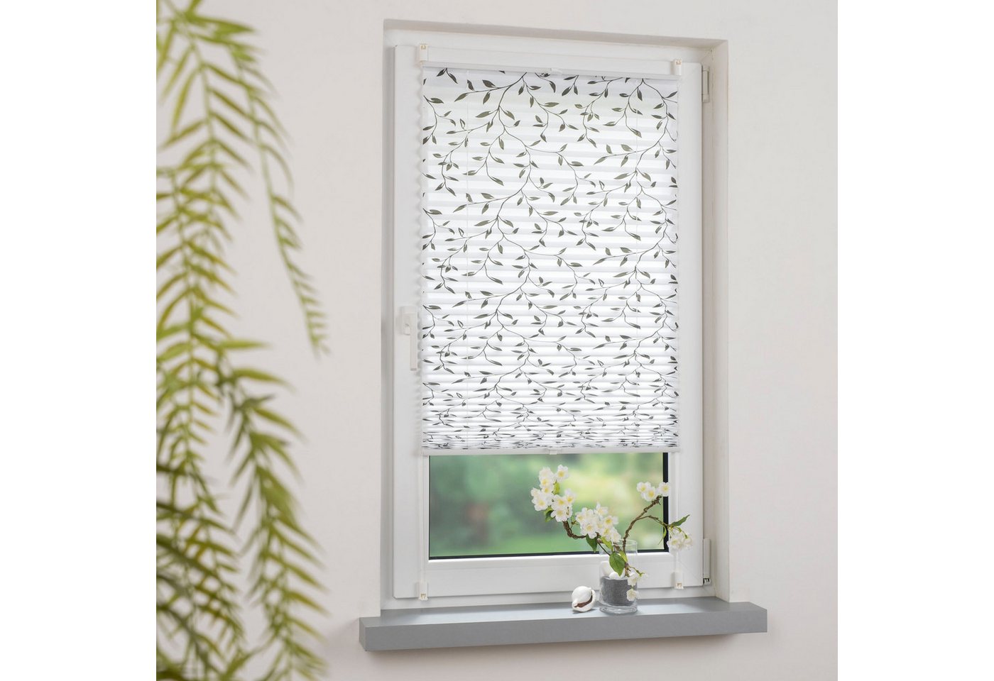 Liedeco Plissee Klemmfix-Plissee verspannt, Druck Blätter, blickdicht, ohne Bohren, verspannt, Klemmfix, Bedrucktes Plissee mit Blattmotiv Bild 4