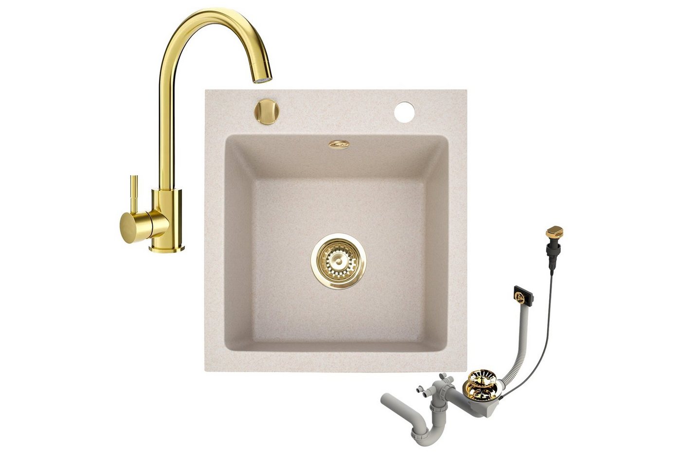 Faizee Möbel Granitspüle Granitspüle 48x50 +Armatur Gold Küchenspüle Spülbecken inkl. Siphon, eckig, 48/50 cm