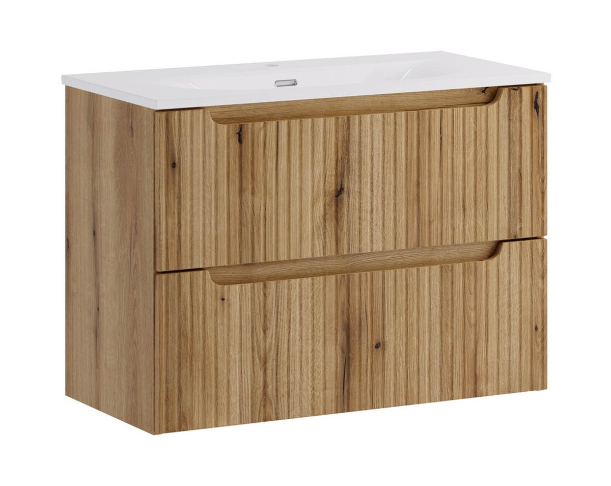 einfachgutemoebel Waschtisch-Set ILUNA Coast Waschplatz 80cm Eiche mit Keramik Einbaubecken, (Badmöbel Set, 1-St., Waschtisch Unterschrank)